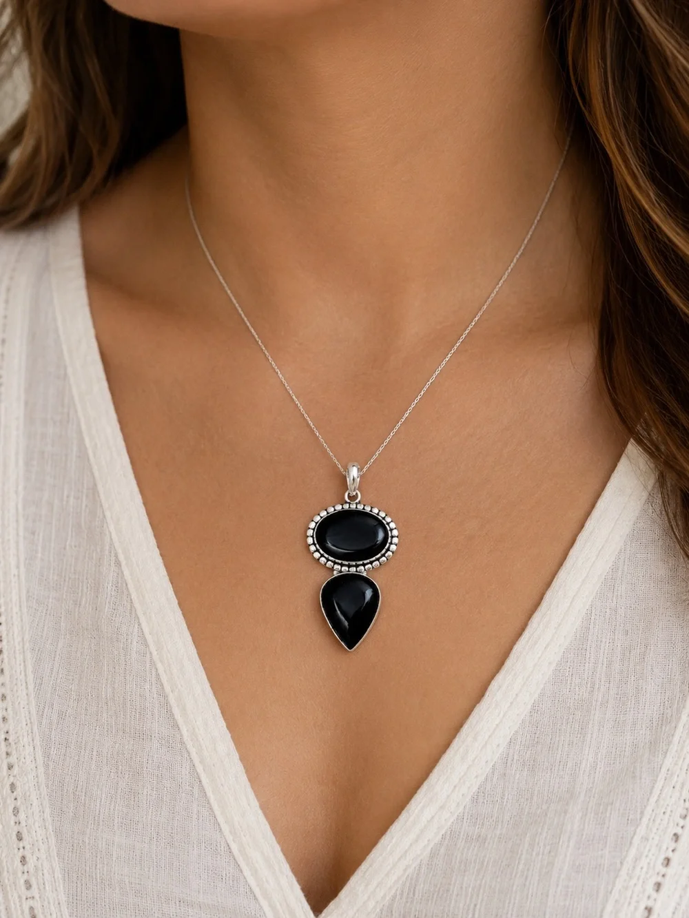 Double Natural Black Onyx Gemstone 2.5” 925 Silver Pendant